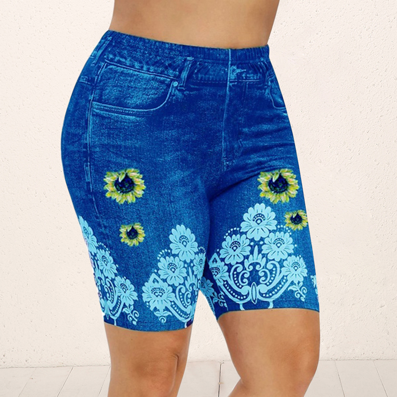 

Print Yoga Short Women Jeggings Perfect Fit Jeans Leggings High Waist Elastic Capri Legging Pants Summer Breeches False Denim, Color 1