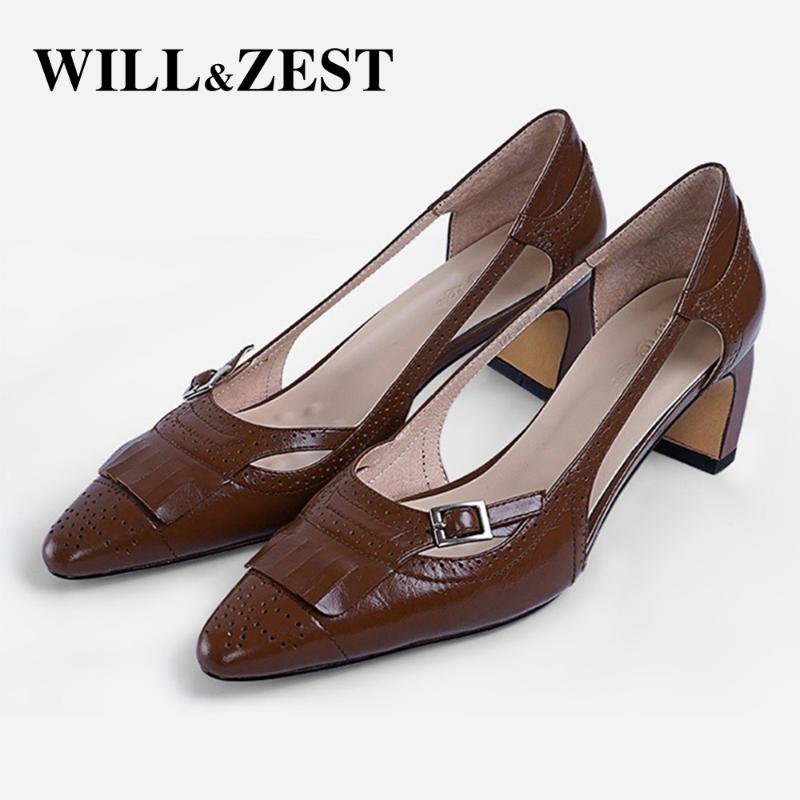 

Will&Zest Fringe Sandals Brogue Summer Women Footwear Block Heel Shoes Woman Big Size Dress Ladies 2020 Female Pumps, Brown