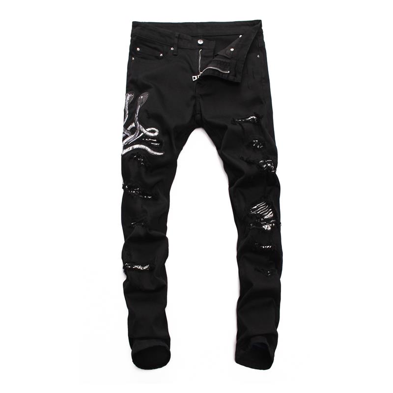 Fashion Skinny pants Men Straight slim elastic jeans Distressed Ripped Biker Jeans Slim Fit Motorcycle Denim For Mens Fashion Black jeans