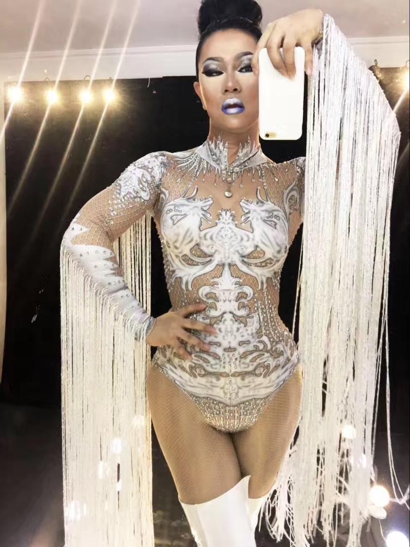 

Nude Sexy Tassel Bodysuit Cosplay White Costume Rhinestones Outfit Performance Women's Stage Clothing Show Party Dance Wear, As pic