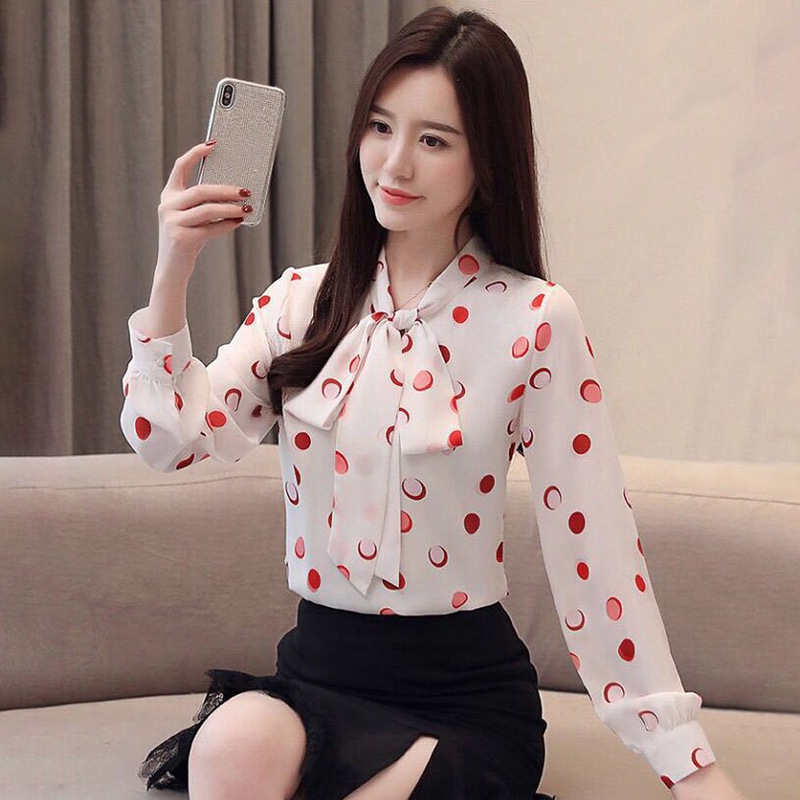 

Ladies Long Sleeve Lapel Blouse Women Fashion Autumn Shirt Tops Sweet Polka Dot Print Blouse, Pink