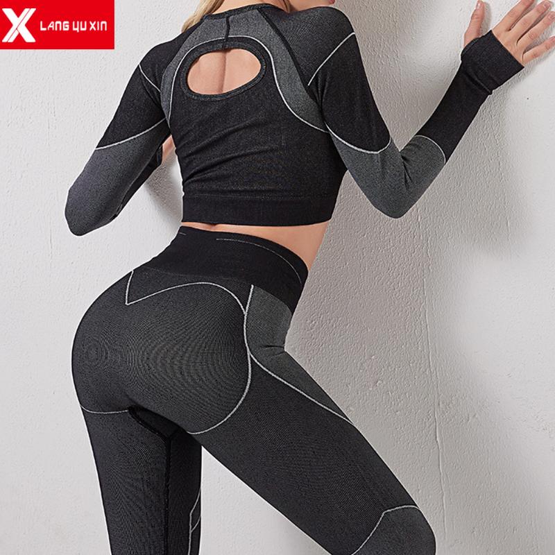 

Women Seamless Stretch Yoga Pants Squat Proof Workout Leggings yoga set female sport gym clothes Sport Capri Long Sleeve Top, Blue pant