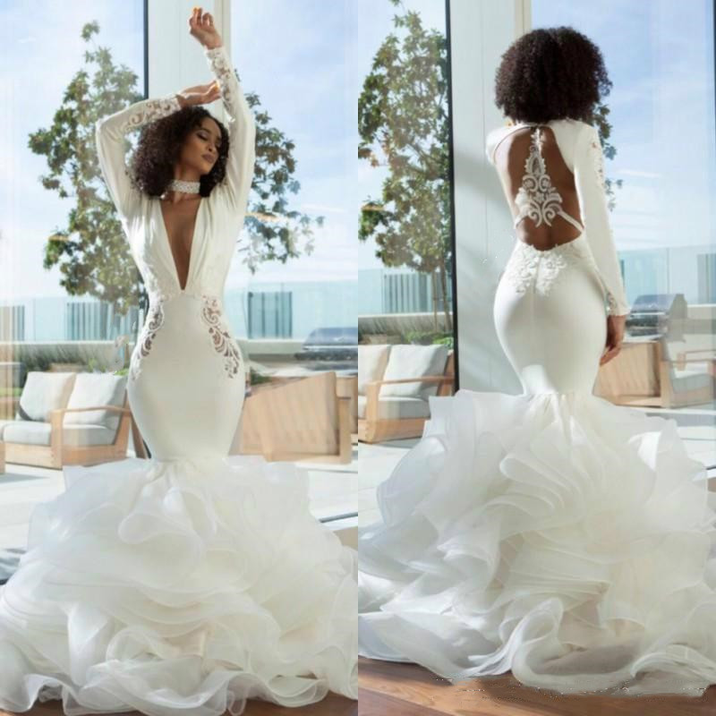 

Sexy Open Back Mermaid Wedding Dresses Turkey 2022 Tiered Tiers Lace Ruffles Deep V Neck Long Sleeves Bridal Gowns African Puffy Fishtail Bride Dress Plus Size, Light yellow