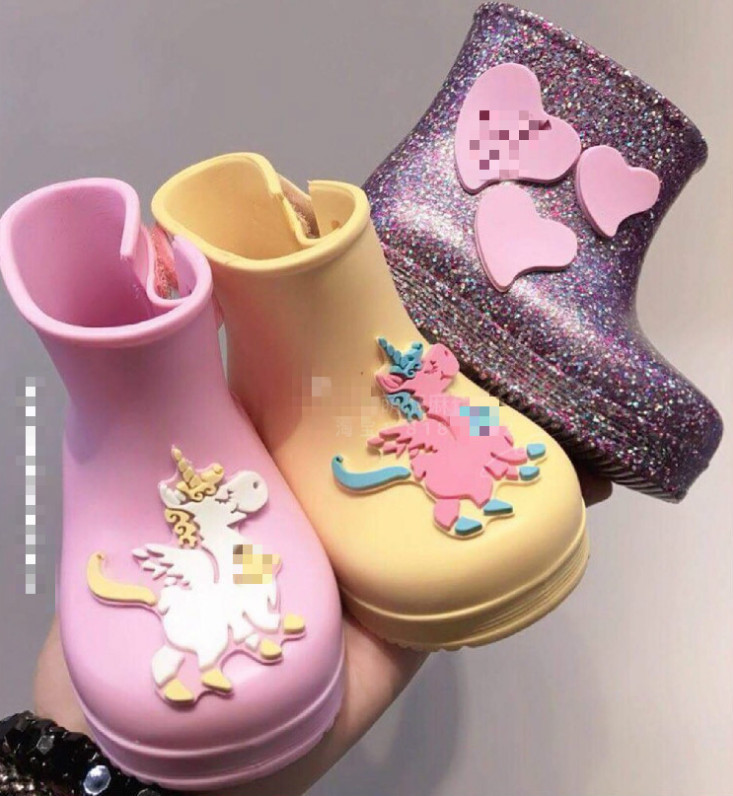 

Melissa sequins jelly shoes Baby kids unicorn Rain boots girls love heart applique princess short boots children non-slip water boots F4313, Pink