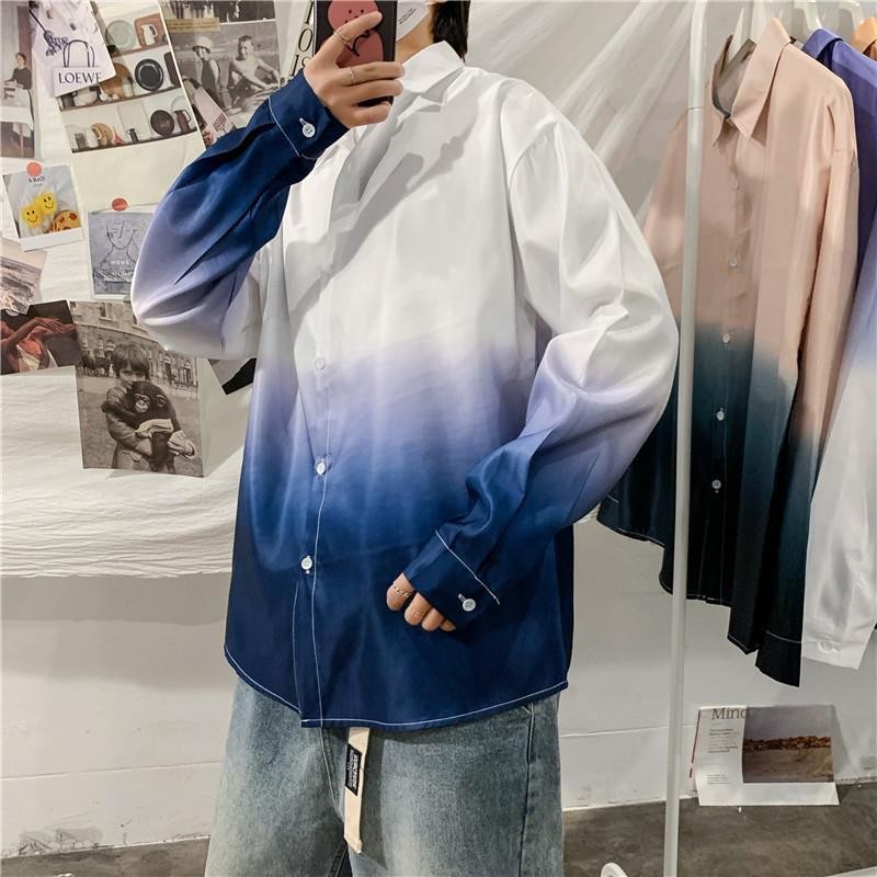 

Mens Blouses summer gradient color long-sleeved shirts men's trendy loose tops Korean Cardigan Harajuku clothes top quality, White
