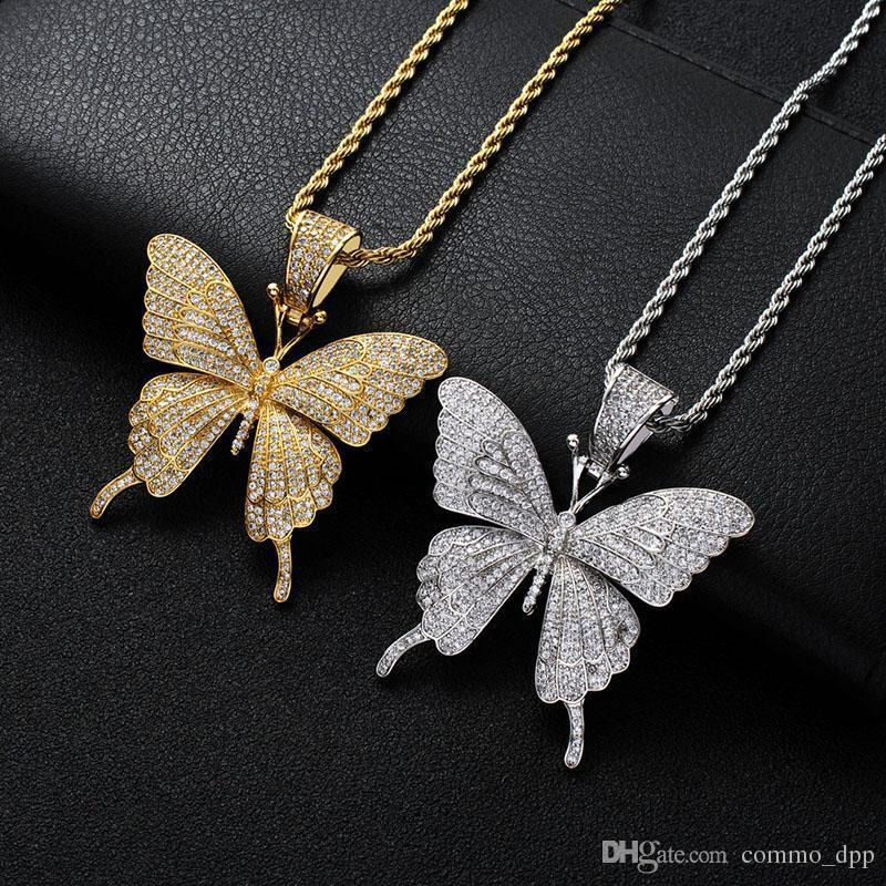 

Hip Hop Butterfly Shape Necklace For Men Women Iced Out Bling Animal Pendant Gold Silver Twisted Chain Hiphop Rapper Jewelry Drop Shipping