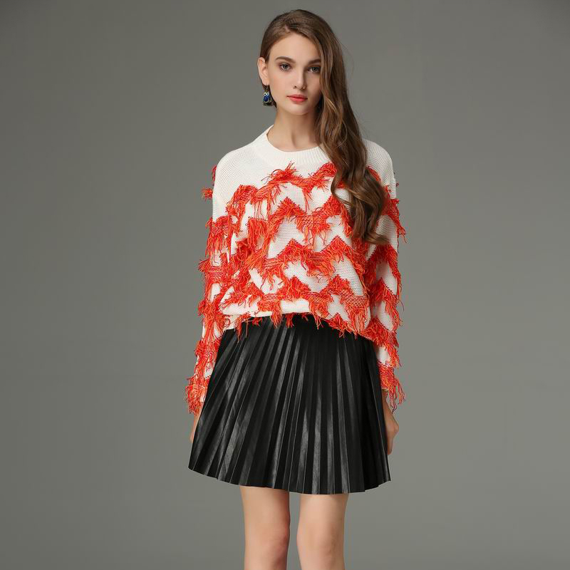 

2018 Autumn Winter Fashion Women O Neck Long Sleeve loose Knitting Orange Wave Hit Color Sweater Women Knitted Female Pull Femme