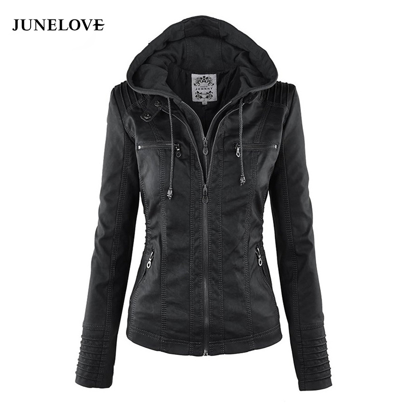 

JuneLove Women hoodies Winter Moto Jacket Hot Turn Down Collor Ladies Outerwear faux leather PU female Jacket Coat, Black