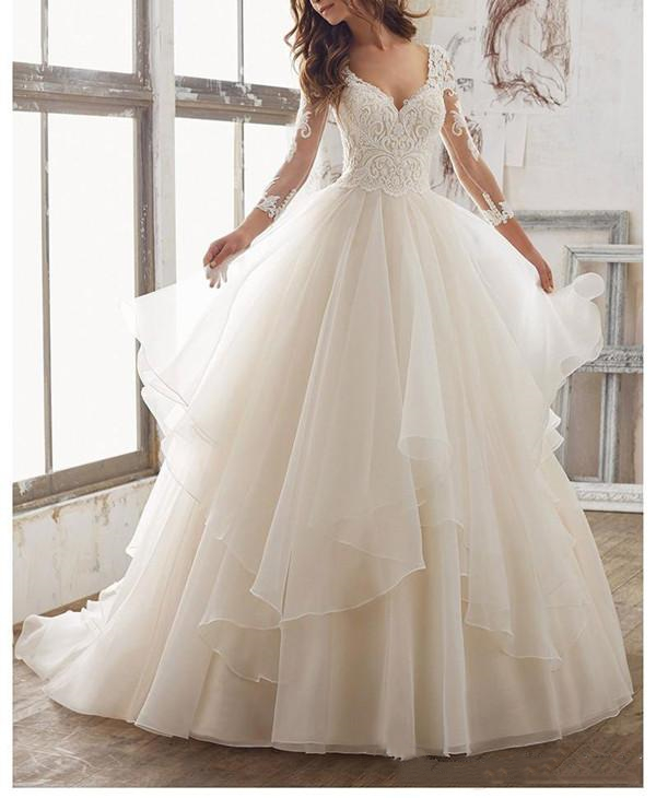 

Stunning Embroidery Organza Ruffle Wedding Dresses 2020 New Long Sleeve V-neck See Though Back Bridal Gowns Beach Wedding Party Dress Long, Black
