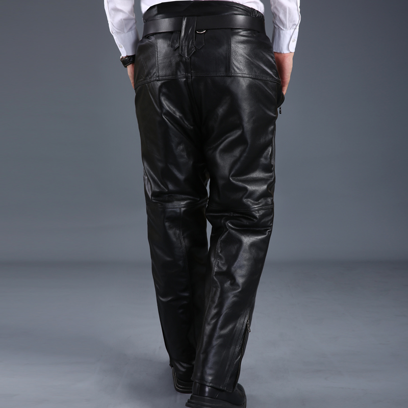 

2020 New Fashion Mens Genuine Leather Cow Fur Lining Long Pants Male Trousers Pantalon Homme Pantacourt Homme Winter Plus Size, Black