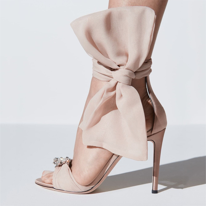 

Pink Silk Women Summer Sandals Big Bowknot Decor High Heels Prom Party Pumps Black Office Lady Work Shoes Sandalia Feminina Heel