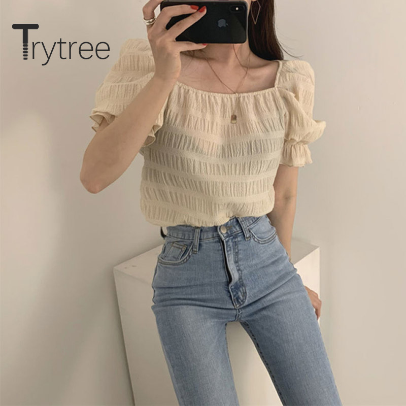 

Trytree Summer women Casual Blouse Square Collar Puff Sleeve Back Lace up Fashion Loose Solid 2 Color All-Purpose Style Blouse, Blue
