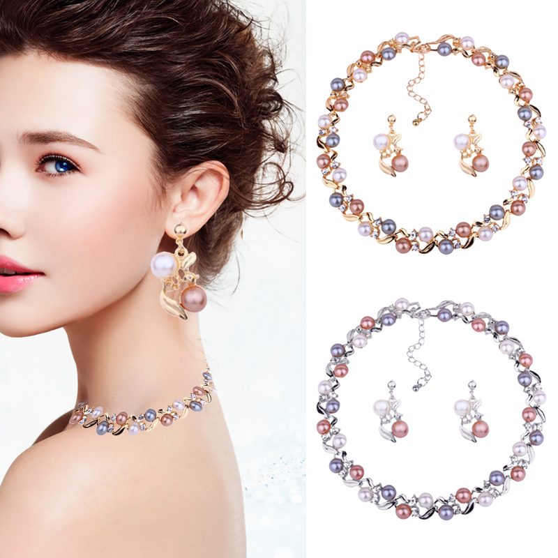 

Earrings & Necklace Pearl Earring Set Women Elegant Adjustable Chain Necklaces Eardrop Fashion Gold Silver Color Wedding Party Jewelry, As pic
