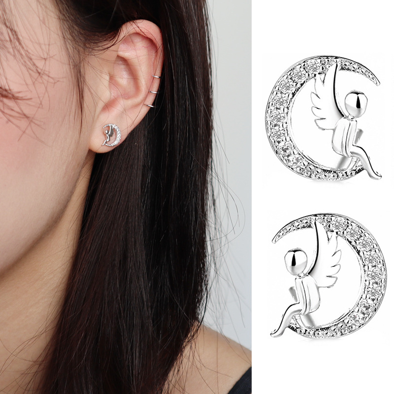 

New Fashion Female Moon Stud Earrings with Zircon Girls Jewelry Elegant Little Angel Earring Brincon 925 Sterling Silver