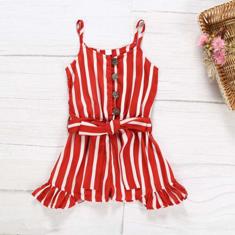 

Summer Toddler Kids Baby Girls Rompers Clothes Strap Striped Button Ruffles Belt Rompers Jumpsuit One Piece Outfit 3-8Y, Red