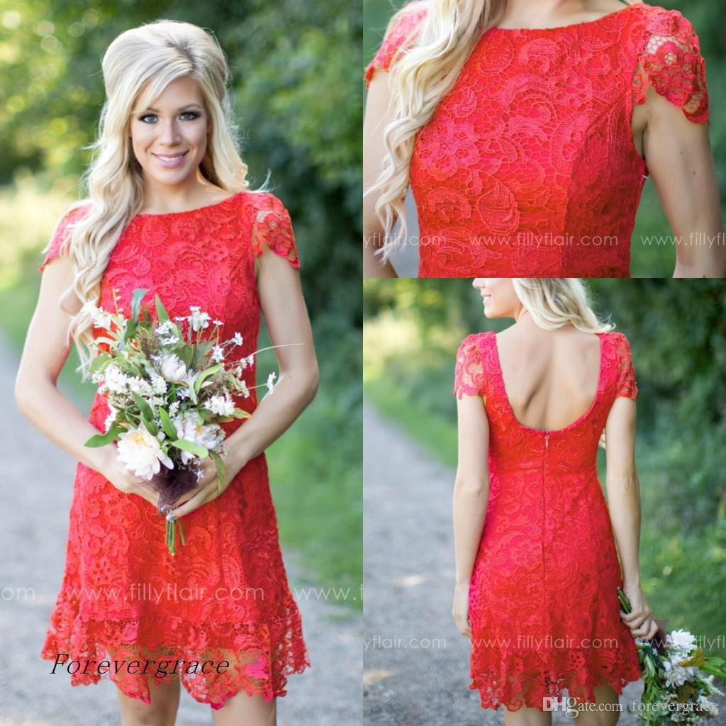

2019 Cheap Summer Country Garden Bridesmaid Dress Crew Neck Red Full Lace Wedding Party Guest Maid of Honor Gown Plus Size Custom Made