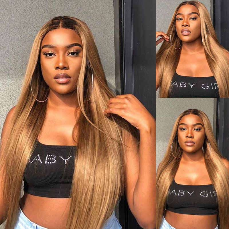 

13x4 Straight Lace Front Human Hair Wigs for Women Honey Blond Ombre Highlight 250% Remy Brazilian Pre Plucked With Baby Hair, As pic