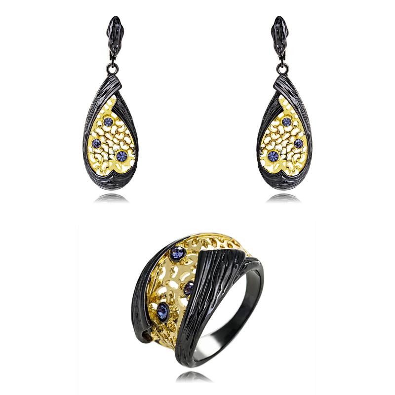 

Earrings & Necklace Viennois Vintage Geometric Jewelry Set For Women Black Gold Color Zricon Design Ring Dangle Party 2021, As pic