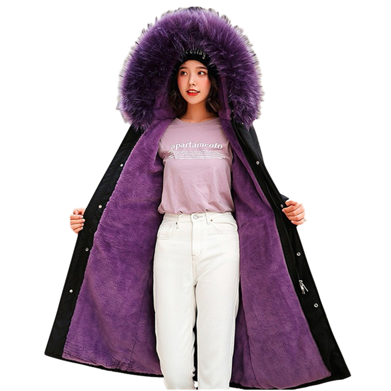 

2019 Plus Size XL-3XL Women Winter Parkas Down Cotton Jacket Fur Collar Hooded Thicken Long Cotton-padded Jacket Large Size, Lined purple
