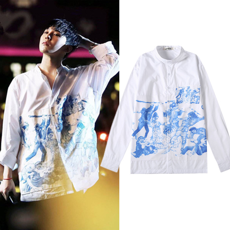 

Men Blouse Bigbang Gdragon Blouse Shirt Long Sleeve Casual Coloring Tie-dye Patching Unisex Shirt Top, White