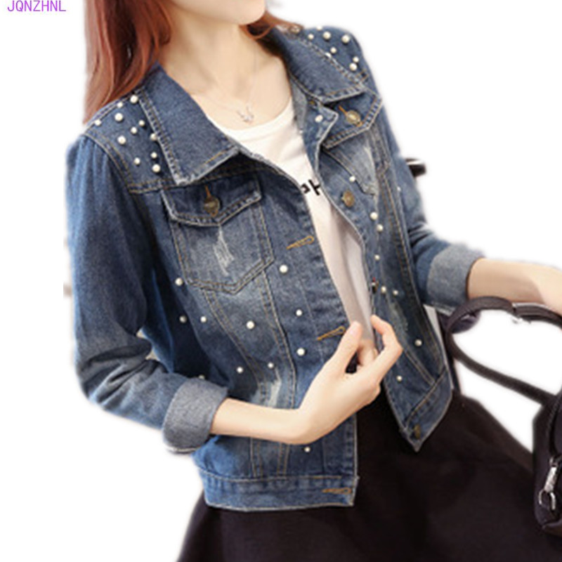

Spring Pearl Beaded Culture Denim Jackets For Women Casual Short Bomber Jacket Long Sleeve Denim Korean Coat Large Size 5XLG1073, Photo color