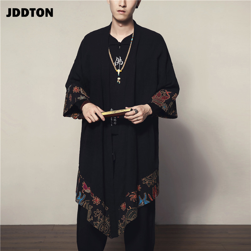 

JDDTON Spring Men's Linen Kimono Long Cardigan Outerwear Coats Fashion Loose Irregular length Male Jackets Casual Overcoat JE004, Men black