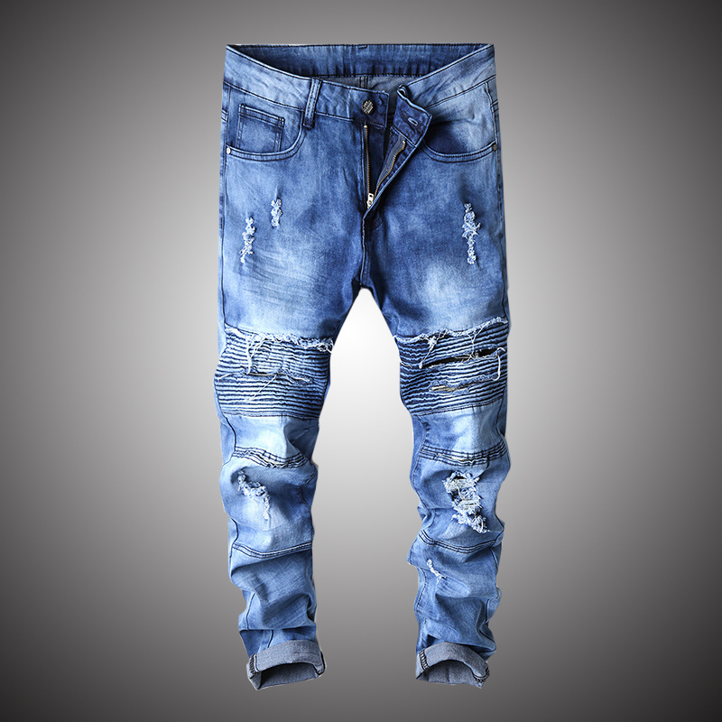 Hole Ripped Jeans Motorcycle Biker Men Vintage Denim Pants Trousers Male Slim Fit Jeans Fashion Casual Destroy Blue BP047