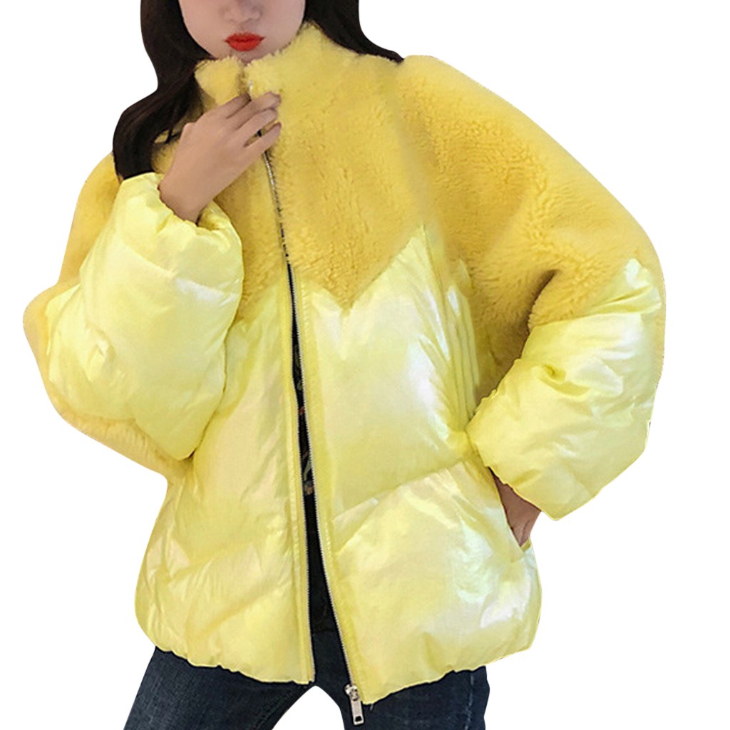 

Fashion Winter Coat Women Lamb Imitation Splicing Jacket Coat Warm Long Sleeves Overcoat Female Clothing Manteau Femme, Blue