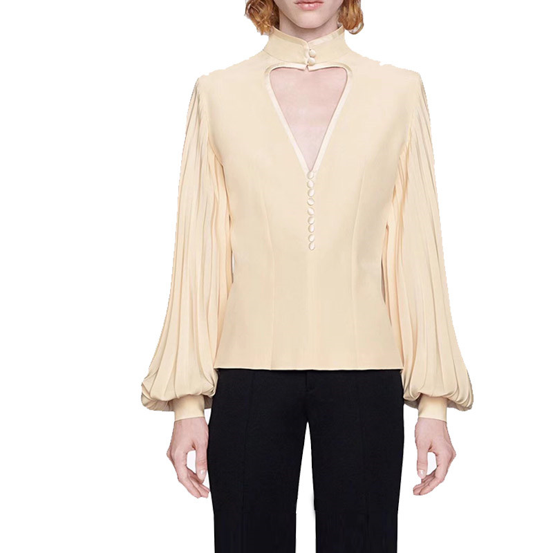 

Runway Brand Blouse Women 2020 VIntage Heart Hollow out Lantern Pleated Long Sleeve corset Shirt Beige Top ropa para mujer