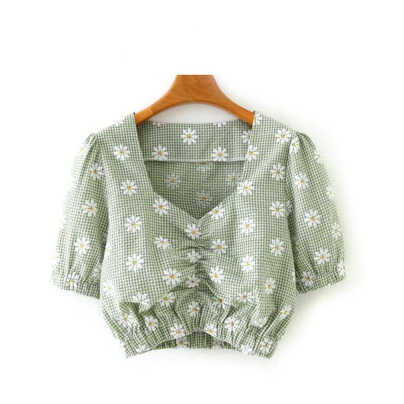 

New 2020 women vintage puff sleeve flower print plaid pleat short blouse female v neck casual slim shirt chic blusas tops LS6646, Ff ls6646g