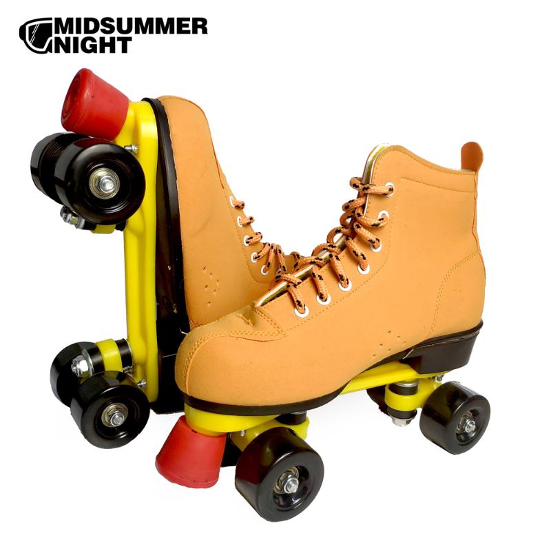 

Geneniu Leather Roller Skates Double Line Skating Shoes Women Lady Adult PU 4 Wheels Outdoor Shoes Patines, Yellow