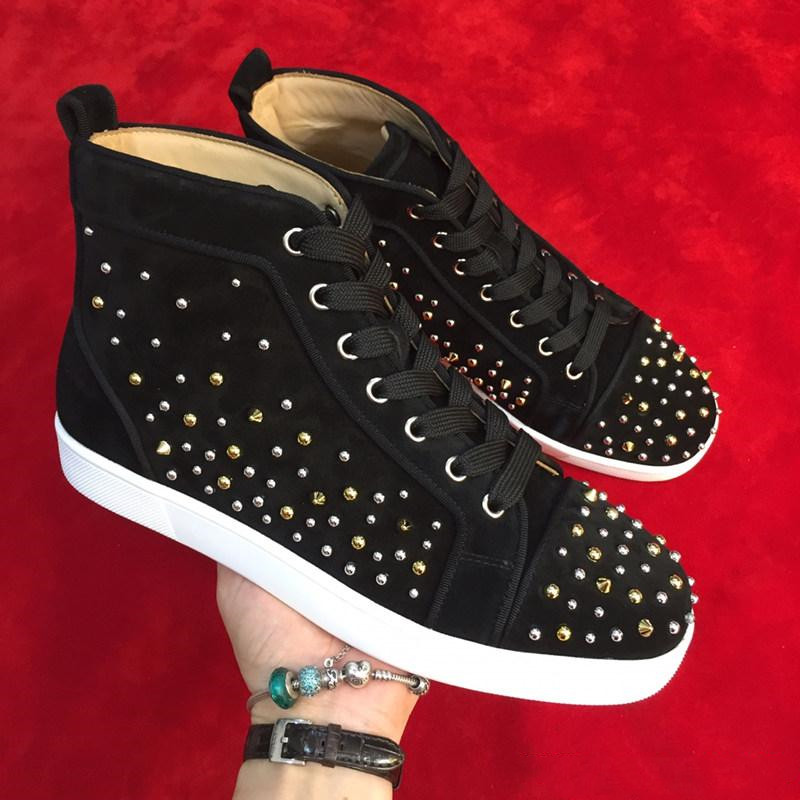 Free Shipping Brand Designer High- top Black Suede Golden Spikes Shoes Mens/Womens Red Bottom Sneakers Outdoor Casual Shoes