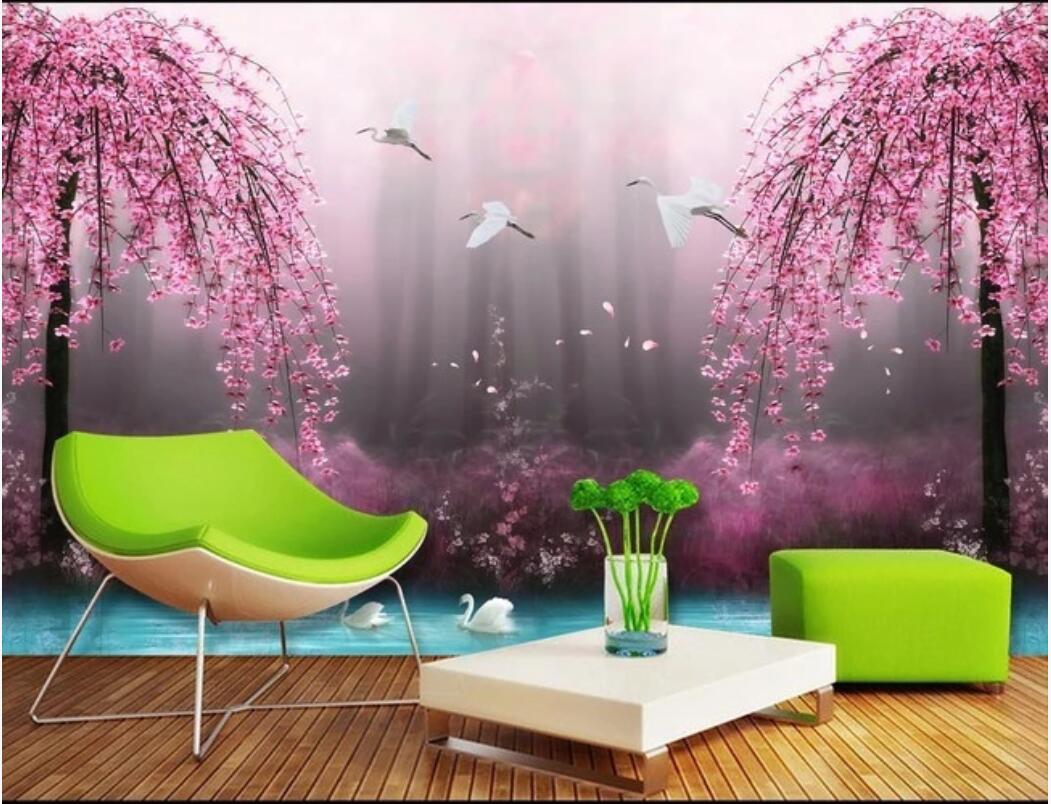 

3d room wallpaper custom photo mural Hd fantasy wonderland peach blossom crane 3D TV background wall painting wallpaper for walls 3 d, Non-woven fabric
