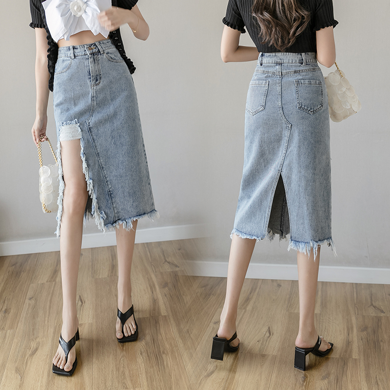 

Ladies Summer Casual Cowboy Skirts Women Tassel Split Hem A-line Belt High Waist Denim Skirt Elegant Mid-Calf Office Lady Skirt