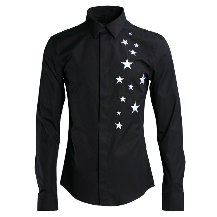 

Original Design Long Sleeve Pentagram Embroidered Mens Dress White Black Slim Fit Casual Shirt Men 4XL