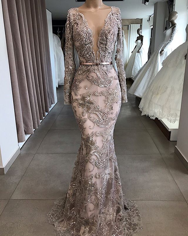 

Luxury Beaded Mermaid Evening Dresses 2020 Long Sleeves Deep V Neck Lace Pageant Prom Formal Party Gowns robes de soirÃ©e Abendkleider, Black;red
