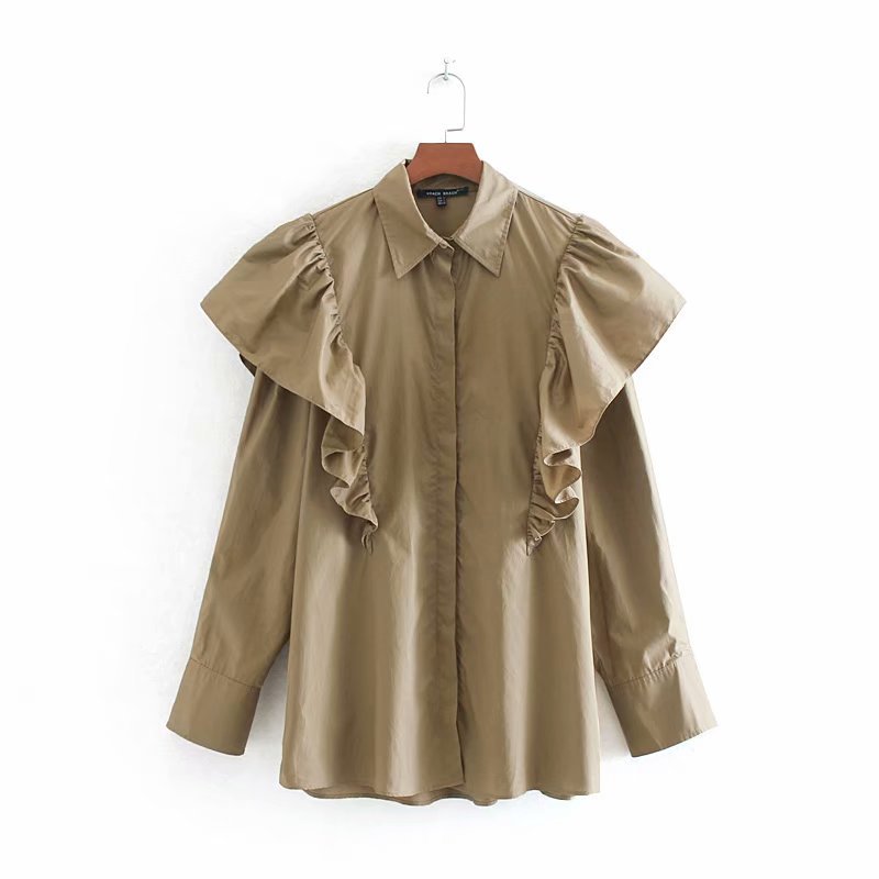 

Women's Khaki shirt Autumn Long-sleeved Lapel Stitching Ruffled Poplin loose Shirt, Camel