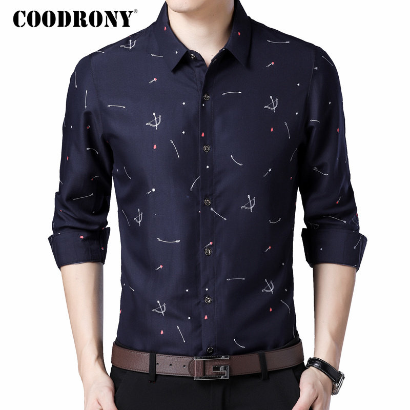 

COODRONY Business Casual Shirts Print Cotton Long Sleeve Shirt Men Clothes 2018 Autumn New Arrivals Camisa Social Masculina 8739, White