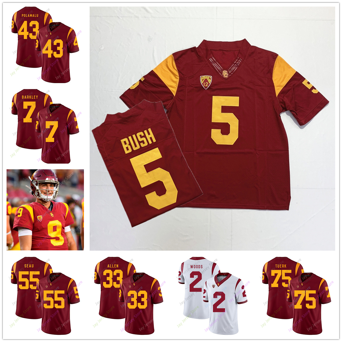 

Custom USC Trojans Footbal Jersey College Talanoa Hufanga Isaiah Pola-Mao Hunter Echols Christian Rector Porter Gustin Troy Polamalu, No extra patch