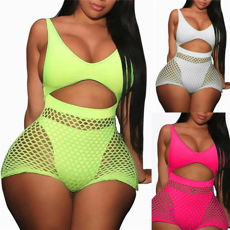 

Women Sleeveless V-neck Fishnet Hollow Out Playsuit Hole Jumpsuit Romper Trousers Bodycon Playsuit Clubwear Backless Party Pants, Green