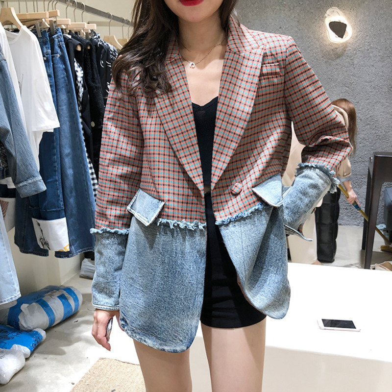 

EWQ] Long Sleeve Single Button Large Size Denim Jacket Korean Fashion Splicing Plaid Trend Women Coats 2019 Autumn New QK901, Red