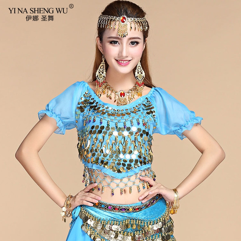 

Women's Belly Dance Costume Tops Gold Coins Chiffon Lantern Short Sleeves Top&tees Clothing Belly Dancing Practice Top, Red