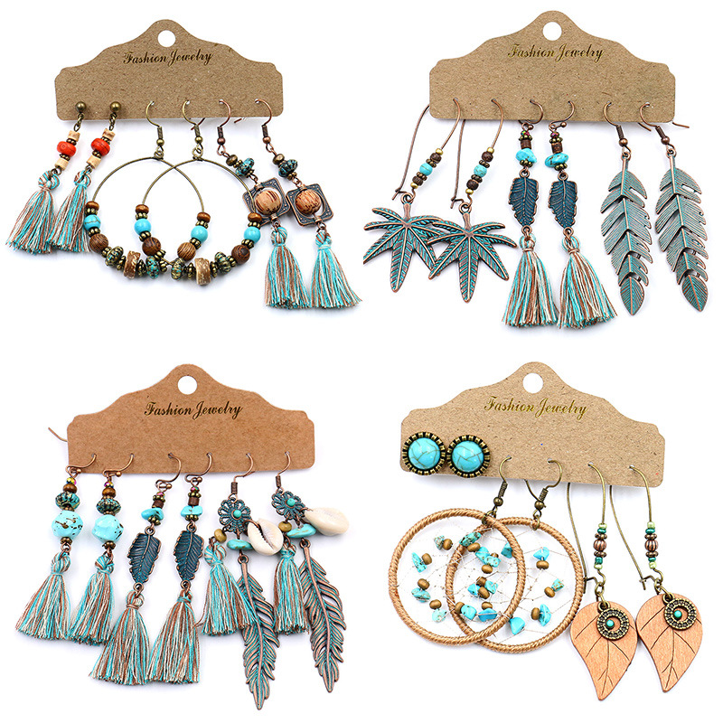 

Women Ethnic Style Bohemian Earrings Handmade Tassels Geometric Dangle earrings Fashion Studs Jewelry 3 pairs/set