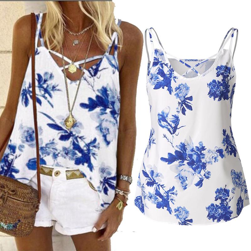 

JAYCOSIN Women Summer 2020 Woman tshirts Casual Sleeveless Tops Tees Sexy Print T-Shirt V-neck Loose Vests Plus Size 5XL Shirts, Blue