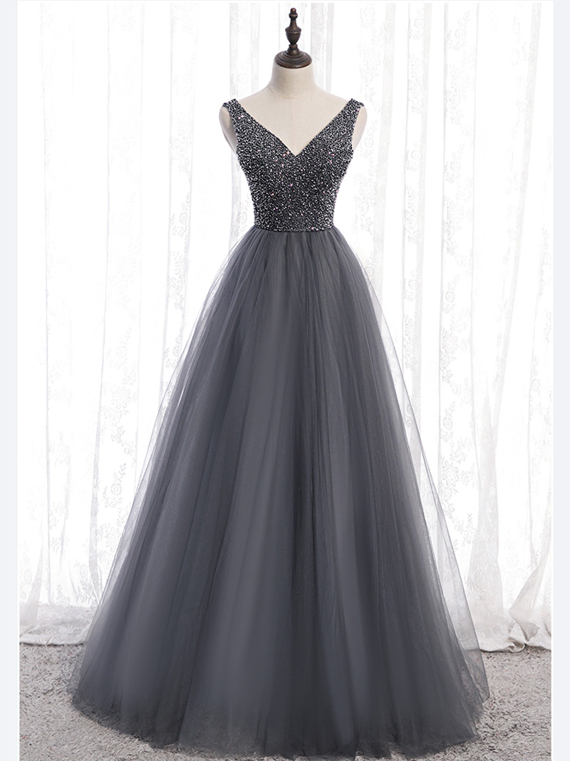 

New Arrival Gray Prom Dresses Layers Tulle with Beads Sequins Floor Length Evening Gowns Sexy Sheer Side Long Prom Dresses Real Pictures