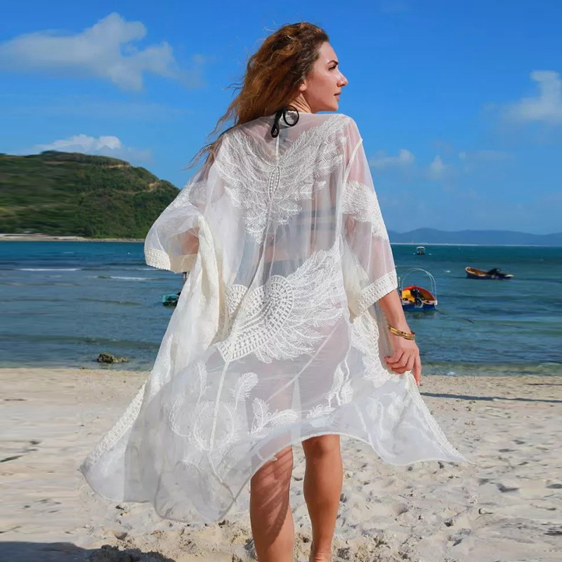 

Mesh Long Shirts Women Summer New 2020 Lace Wild Casual Ladies Blouses Beach Solid Color Women Clothing Sunscreen U737, White