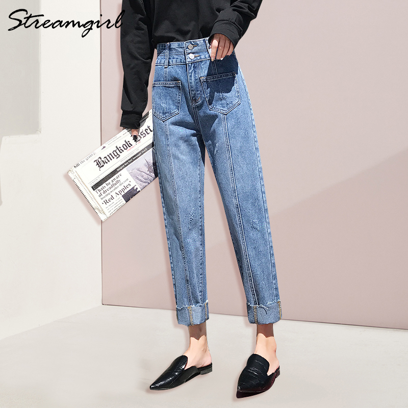 

Streamgirl Female Jeans With High Waist Women Straight Pocket Jean Femme Ladies Jeans Pants Capris Denim Pants Women Jean 2019, Blue