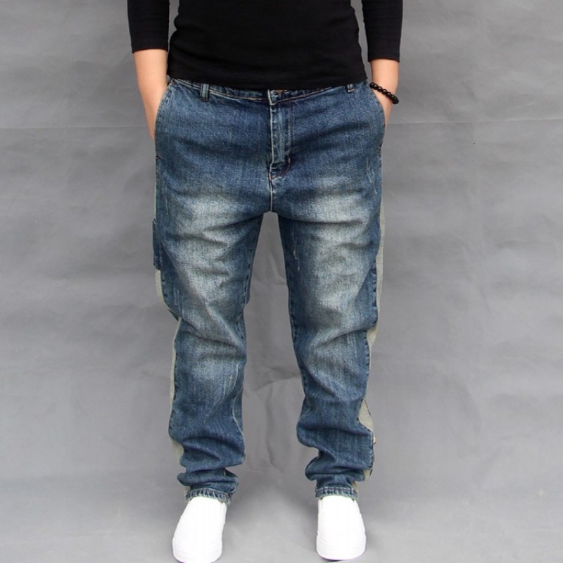 

New Fashion Mens Loose Fit Harem Pants Plus Size Long Trousers Washed Casual Drop Crotch Jeans High Street Hip Hop Denim Pant, B lu