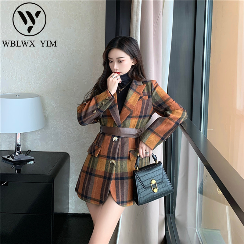 

Winter Coat Women High Quality Wool coat Fashion plaid Belt Overcoat Slim Long Sleeve Woolen Coats Female Wool Blended Jacket, Photo color