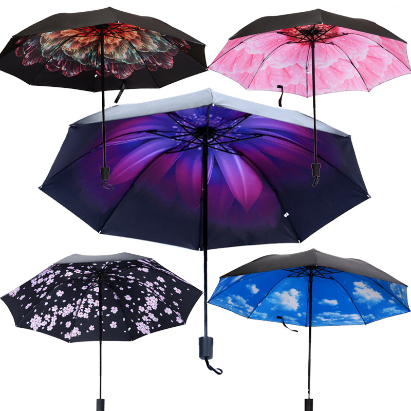 

Black coating Parasol rain sunny dual-use umbrella three folding umbrella inside beauty women windproof strong